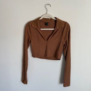 Wild Fable Brown Long Sleeve Ribbed Cropped V-Neck Top